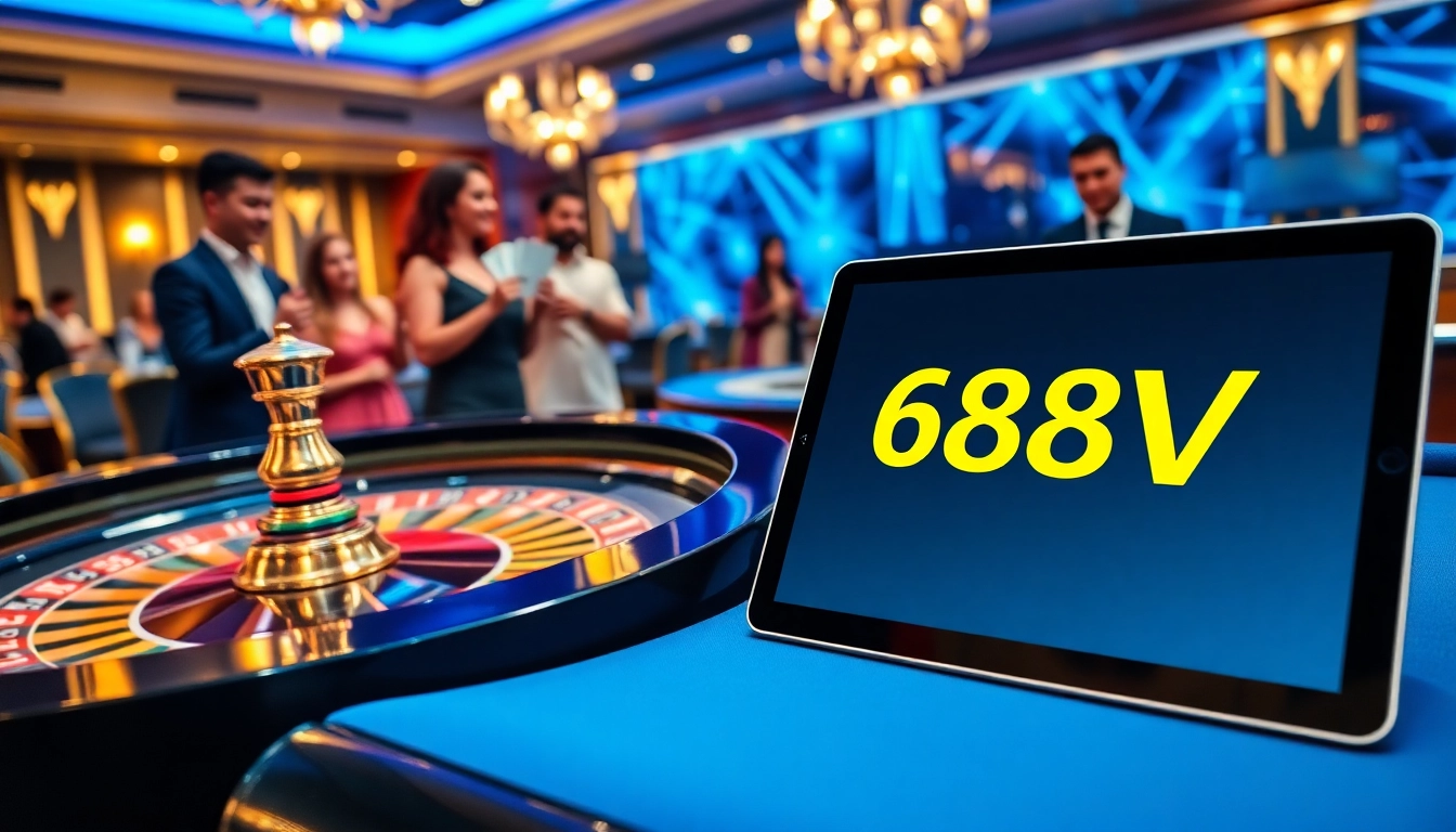 Experience the excitement of gambling at 688V with a luxurious roulette table and vibrant casino atmosphere.
