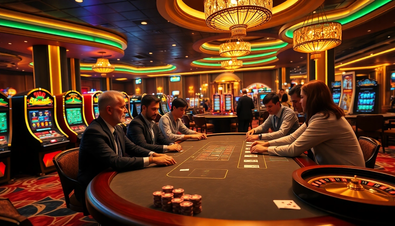 Exciting scene of players engaging in kèo nhà cái strategies at a vibrant casino poker table.