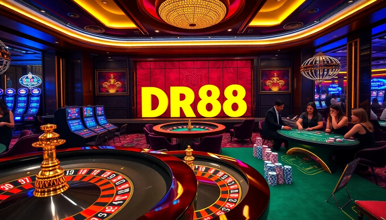 DR88 players engaging at an exciting casino table with vibrant atmosphere and luxurious decor.