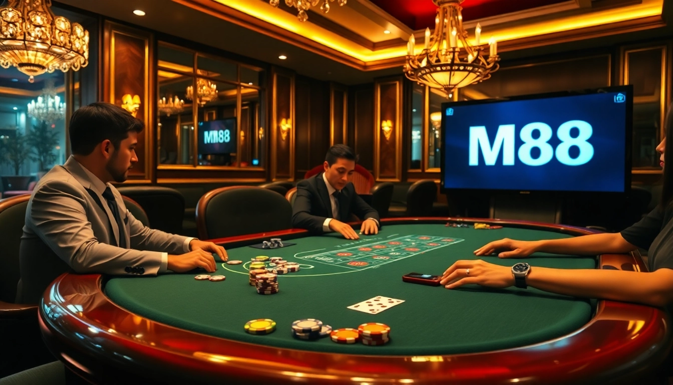 Exciting poker gameplay at MM88 casino featuring colorful chips and vibrant atmosphere.
