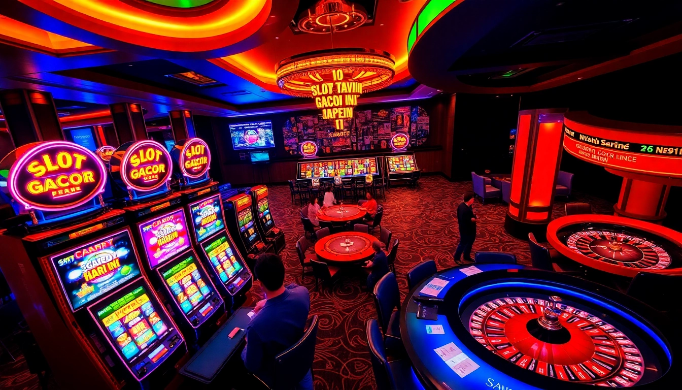 Engaging players trying their luck on Slot Gacor Hari ini machines in a vibrant casino environment.