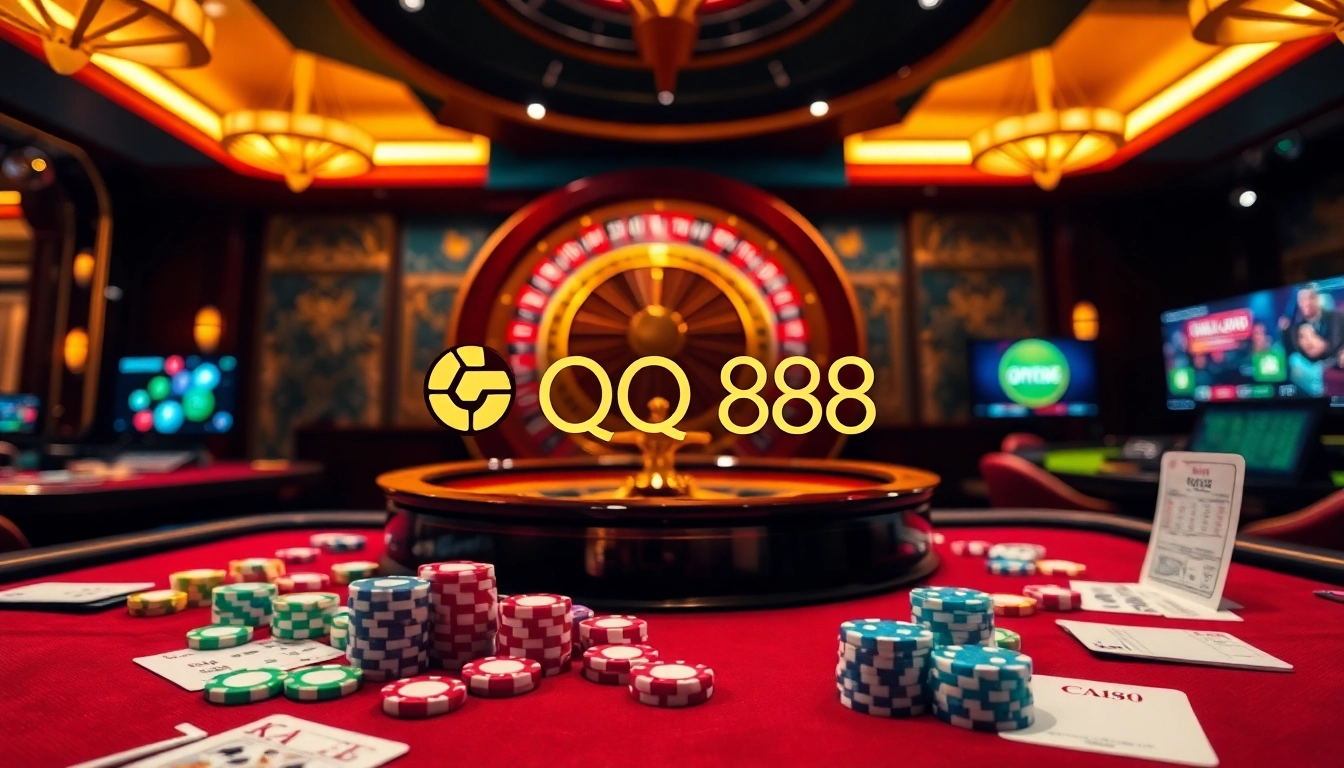 Experience excitement at QQ88 with a vibrant casino setting featuring poker chips and cards.