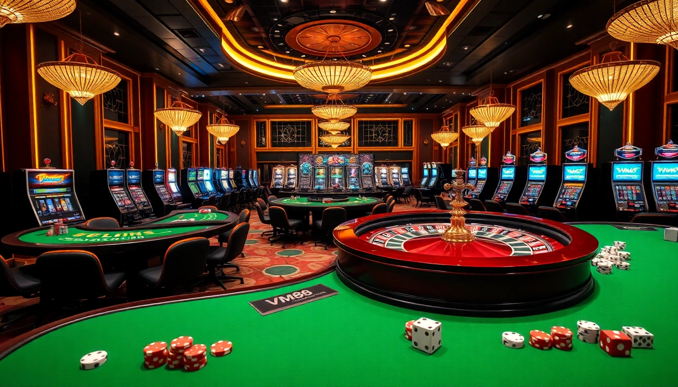 VM88 casino scene showcasing vibrant gambling excitement with tables, chips, and roulette.