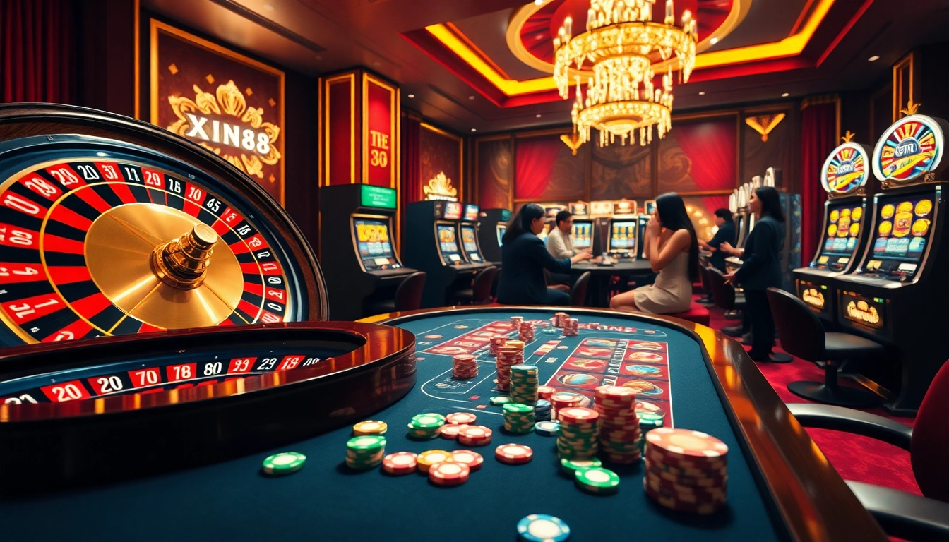 XIN88 gamers enjoying a thrilling round of roulette in a luxurious casino setting.