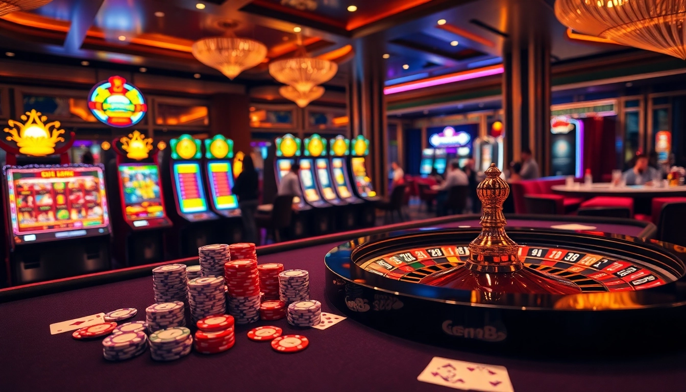 Experience thrilling gaming action at gem88 casino with an elegant setting featuring poker chips and vibrant slot machines.