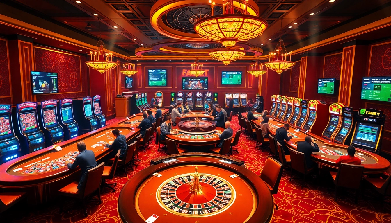 FABET online casino scene showcasing vibrant gameplay with poker chips and roulette wheels.