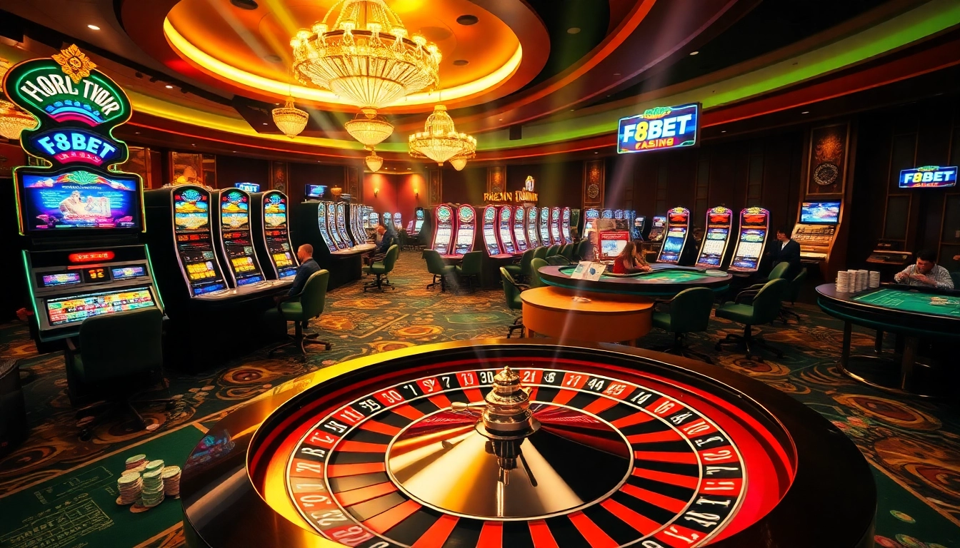 Experience thrilling gameplay at F8BET with elegant casino tables and vibrant slot machines.