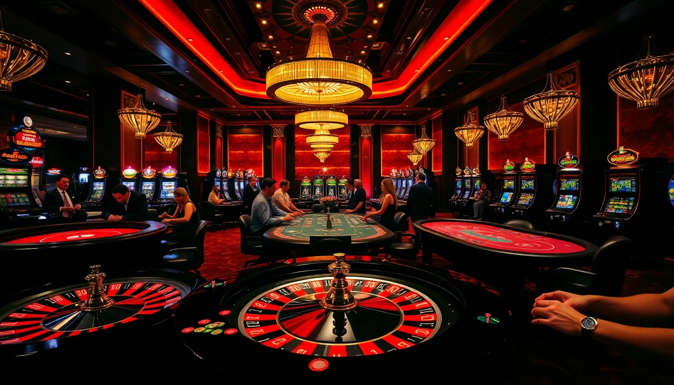 Neo79 players enjoying high-stakes games around a luxurious roulette wheel and poker tables.