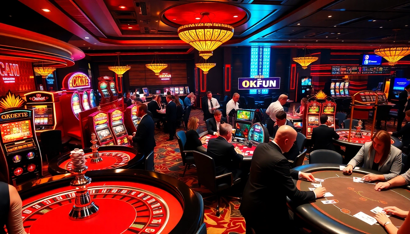 OKFUN casino floor bustling with excitement and vibrant gambling activities.