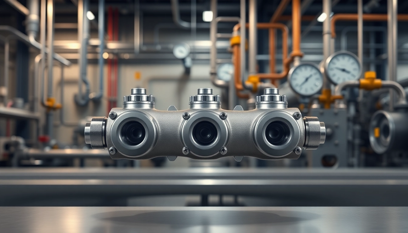 HM88 Series Three-Valve Direct Mount Manifold in industrial setting showcasing precision engineering.