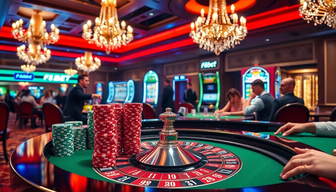 Exciting gambling scene at F8bet casino with poker chips, roulette table, and players.