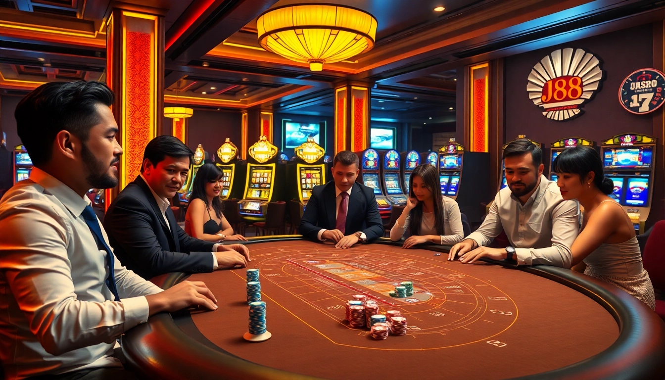 Engaging j88 gaming table surrounded by excited players and vibrant casino elements.