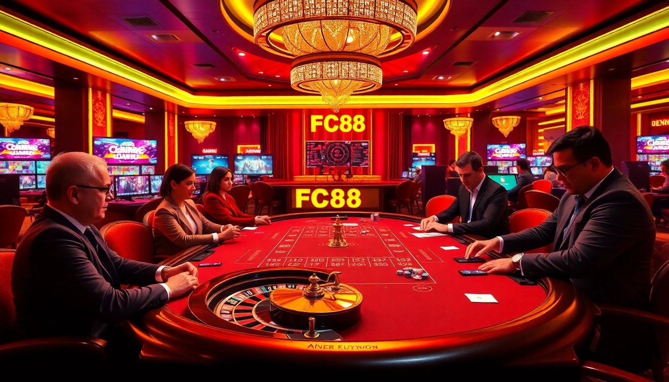 Engage in high-stakes play at FC88 casino with vibrant poker action and luxury elements.