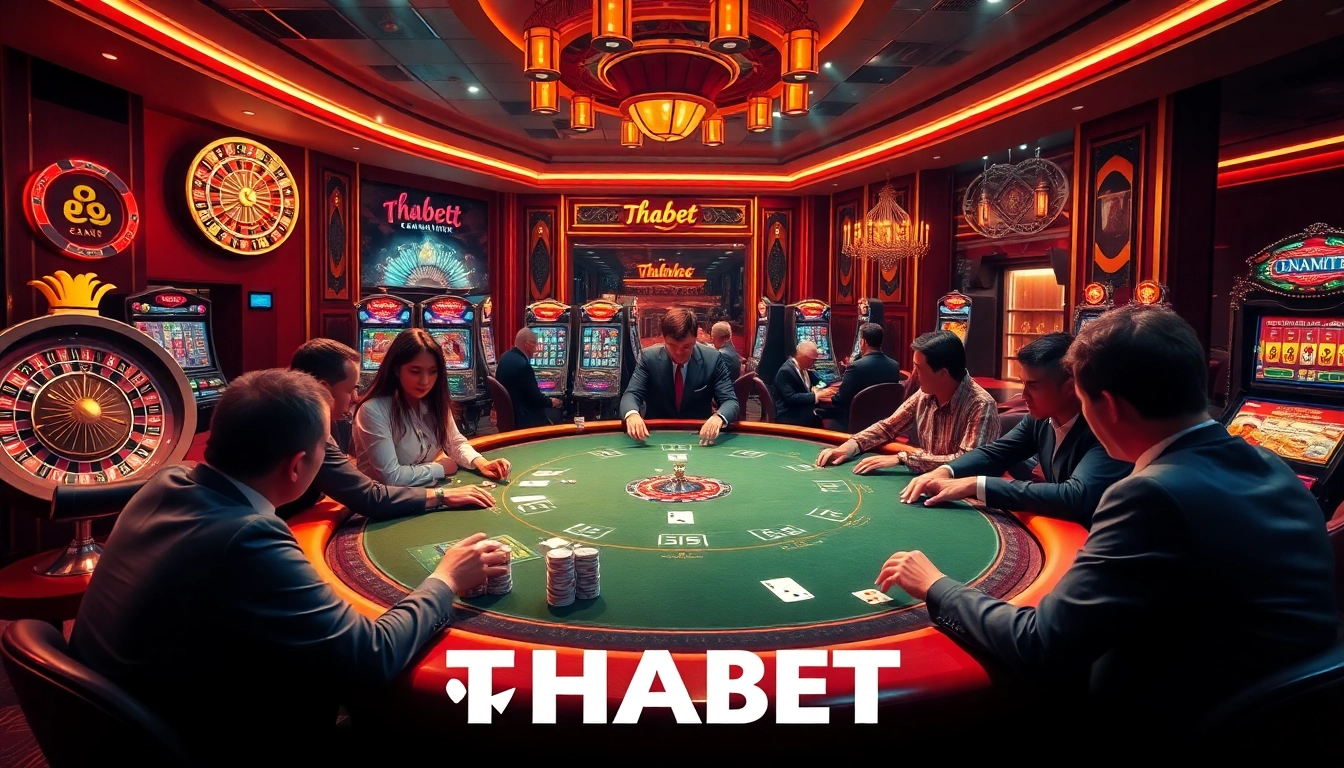 Experience the excitement of THABET casino with players immersed in a poker game surrounded by luxury.