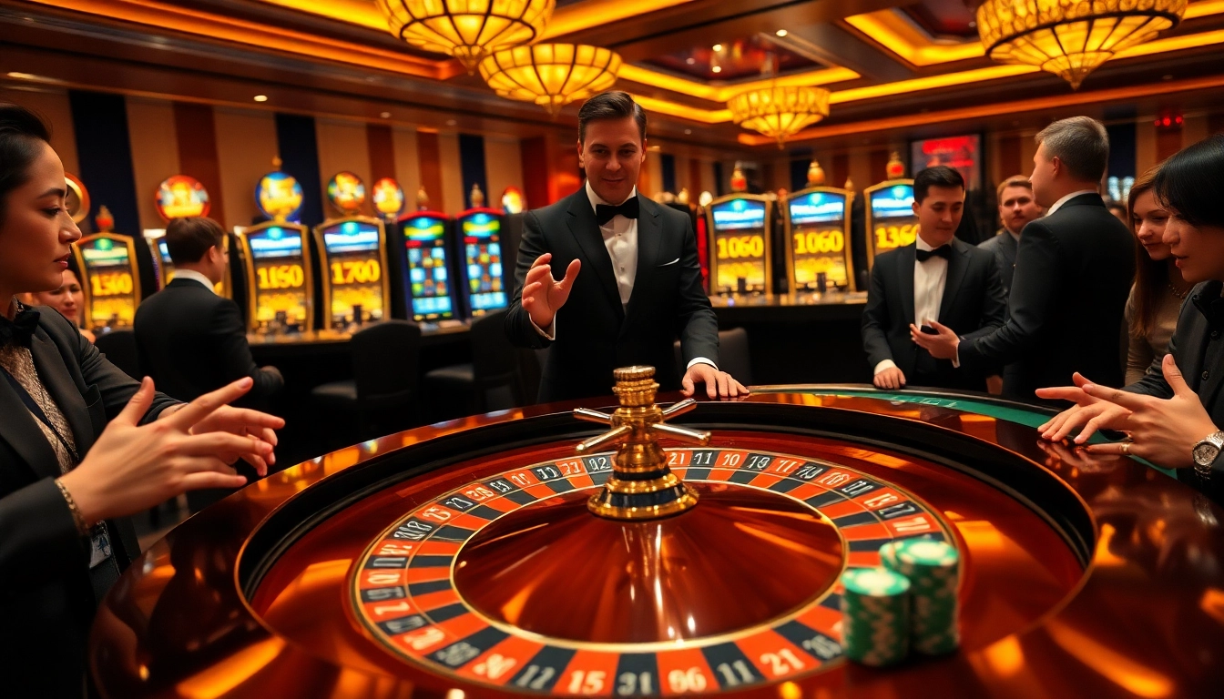 NK88 gaming table featuring excited players and luxurious atmosphere with roulette wheel and chips.