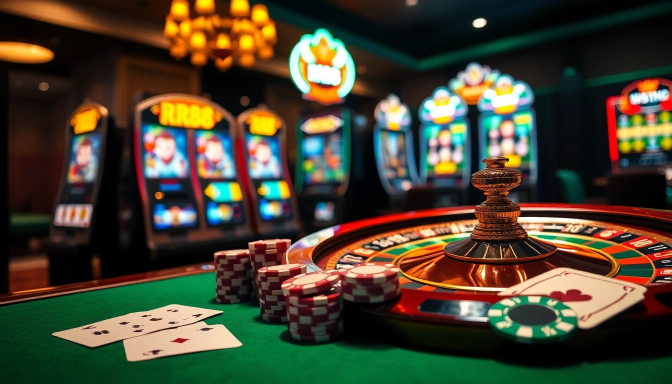 RR88 casino scene featuring a luxurious roulette wheel and vibrant poker chips in a high-stakes environment.