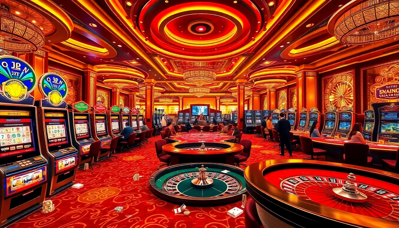 Explore a luxurious casino atmosphere at https://99win1.us.com/ featuring vibrant card games and slot machines.
