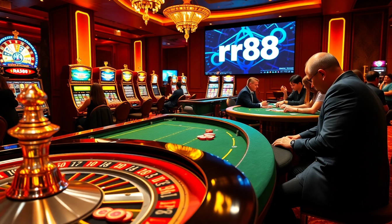 Experience luxurious gaming with the rr88 logo amid a vibrant casino scene.