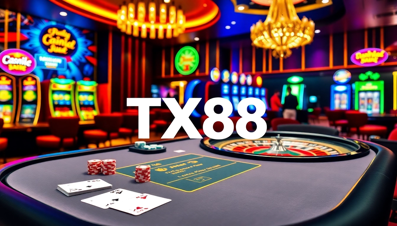 Players enjoying a thrilling poker game at TX88 casino, showcasing vibrant chips and cards.