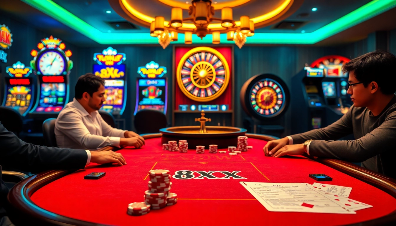 High-stakes poker game at a casino showcasing excitement with 8XX betting slips and vibrant casino elements.