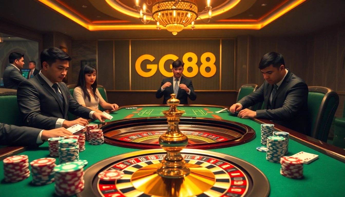 Players enjoying a thrilling game at GG88 casino, showcasing vibrant poker chips and cards.