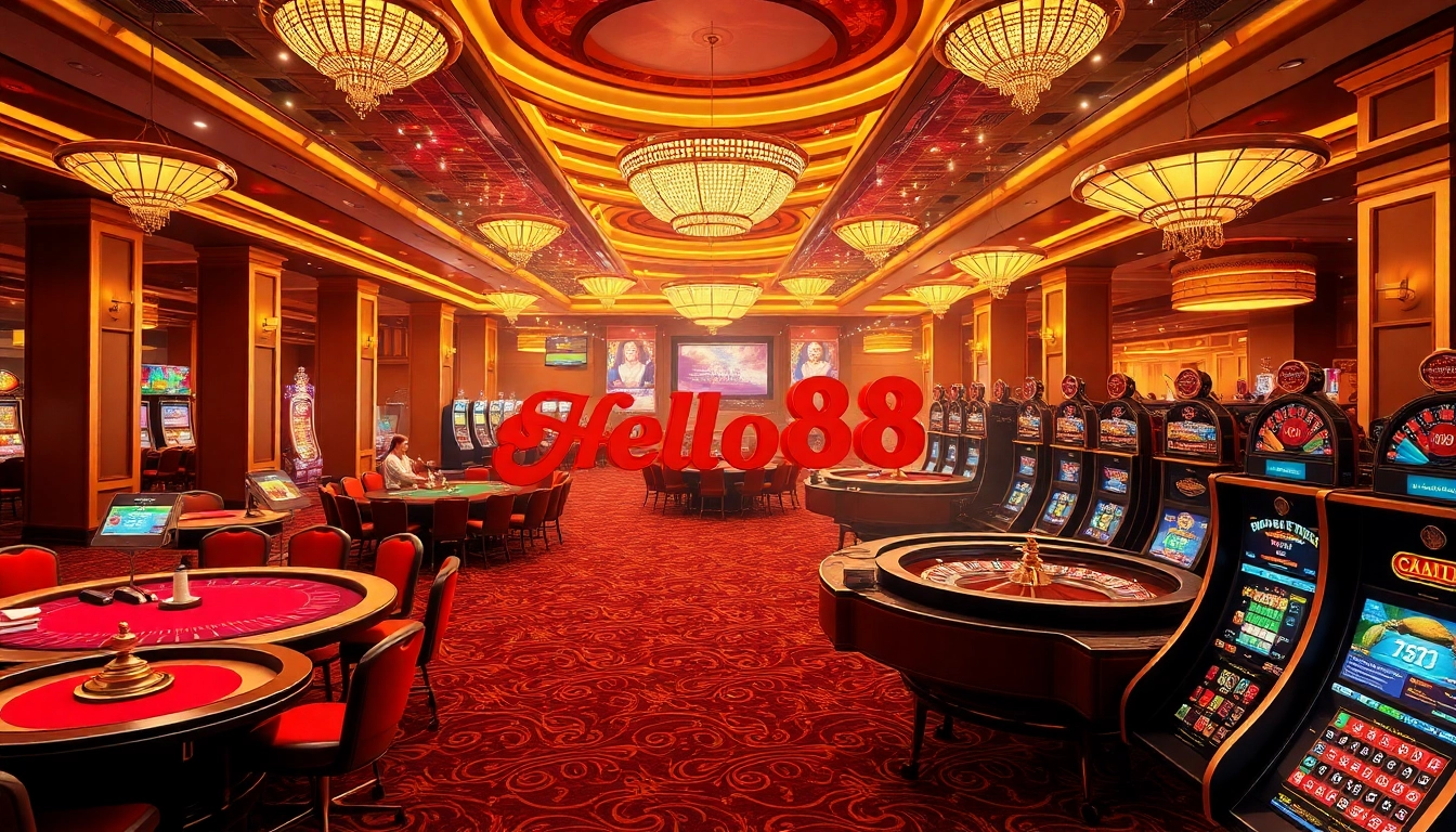 Hello88 casino interior showcasing exciting gambling with poker tables and roulette wheels.