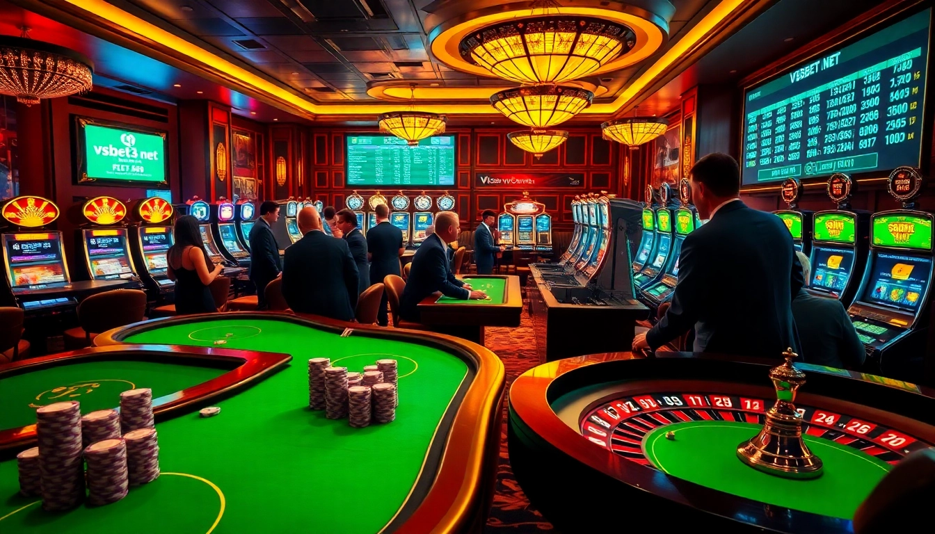 Players engaging in thrilling casino action at vsbet3 net, surrounded by vibrant poker tables and slot machines.