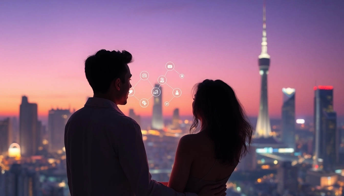 Couple interacting with sex AI technology in a romantic digital landscape
