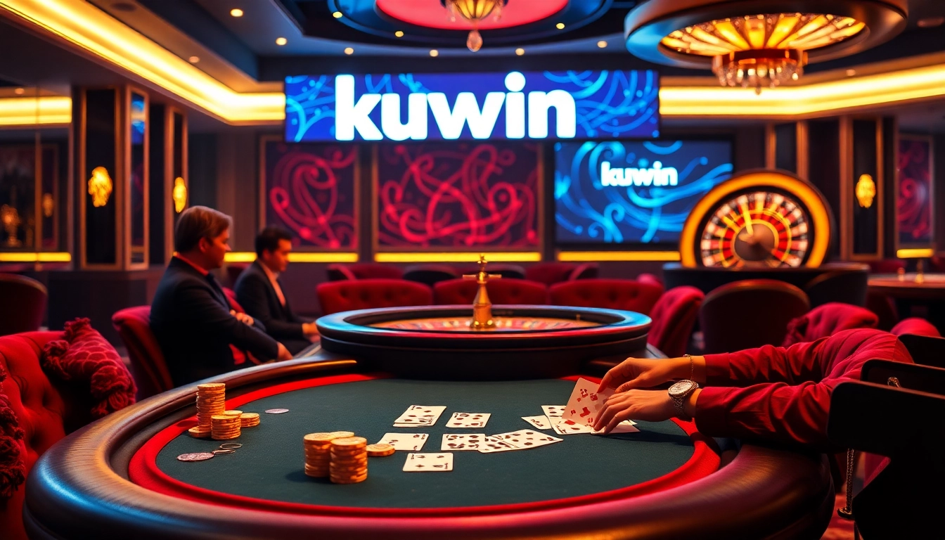 Kuwin online casino scene with a poker table showcasing intense gameplay and golden chips.