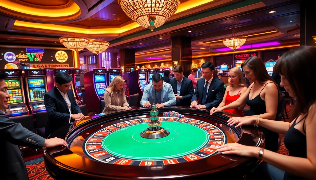 Gambling excitement with 상품권소액결제 showcased at a luxury casino setting featuring roulette and players.