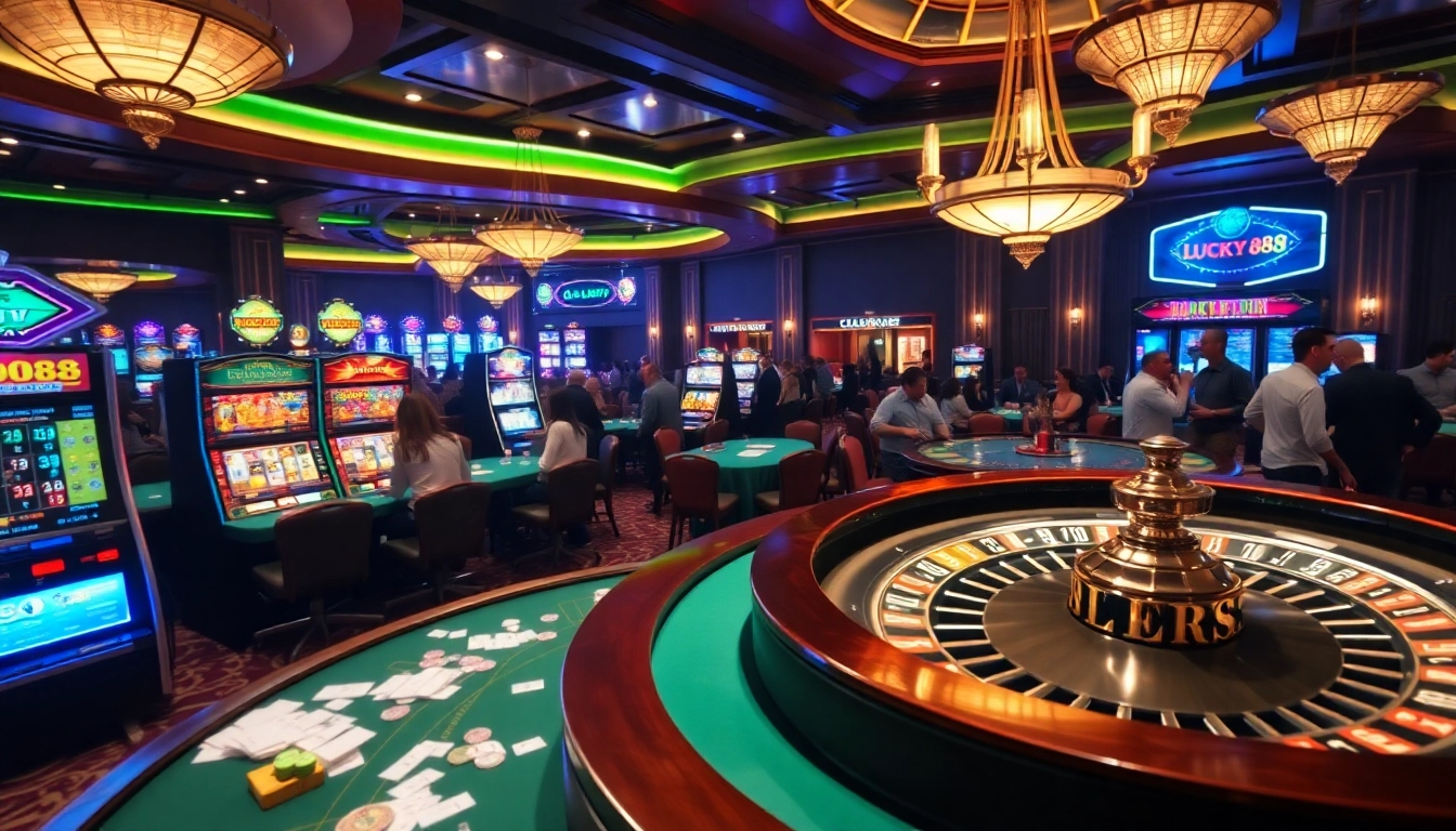 Experience the thrill of lucky88 at an upscale casino with vibrant slot machines and excited players.