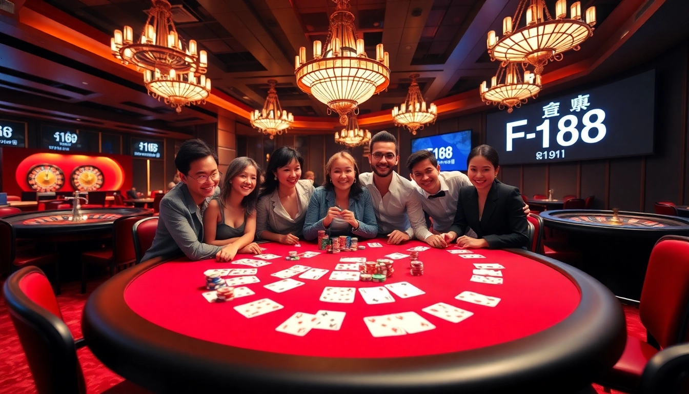 Engaged players at a table with cards and chips, highlighting เจ้ามือรับแทง F168 atmosphere in a vibrant casino.