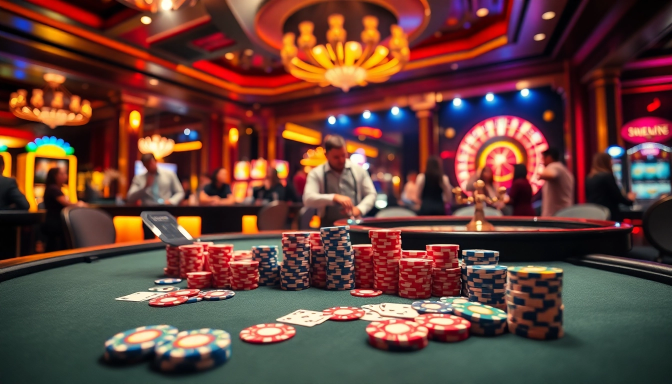 Thrilling gambling scene at https://s88.works/ with vibrant poker table and excited players.