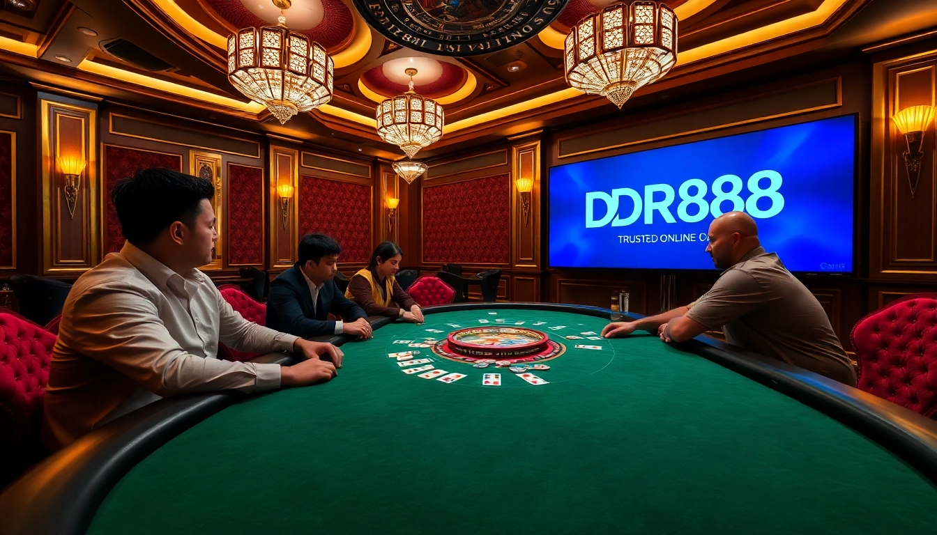 DR88 logo enhances the excitement at a high-stakes poker table in a luxurious casino.