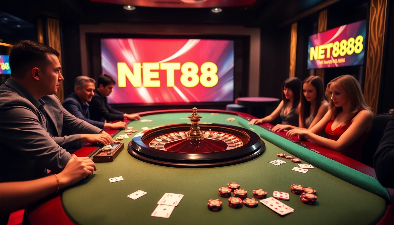 Players enjoying a lively roulette game at NET88 casino, surrounded by colorful chips and cards.