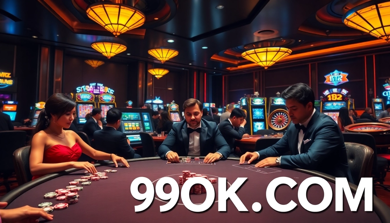 Experience high-stakes poker action at 99OK COM with vibrant casino elements and luxurious ambiance.