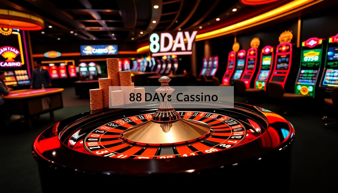 Experience the thrill at 8DAY Casino with luxury gaming tables and vibrant slot machines.