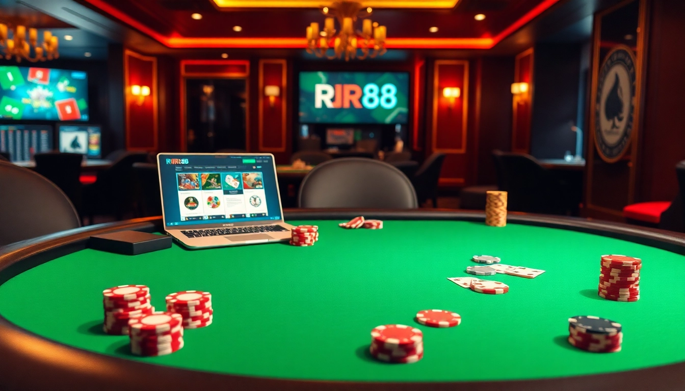 Playing poker at an upscale casino with RR88.lat gaming interfaces featured on a laptop.