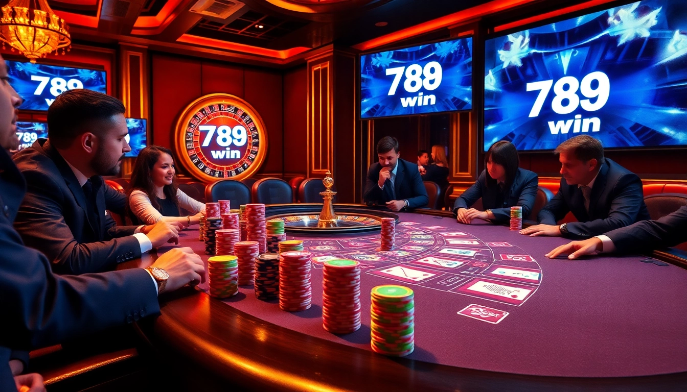 Gamblers enjoying a high-stakes poker game at a luxurious casino table with vibrant chips reflecting the allure of 789 win.