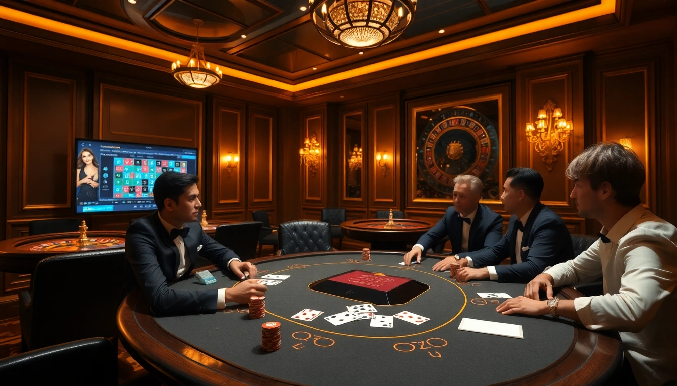 Players enjoying a thrilling poker game at TV88 casino with chips and cards.
