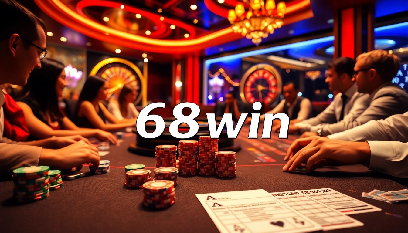 A group of players enjoying a thrilling poker game at a casino table with 68win betting slips, showcasing vibrant chips and cards.