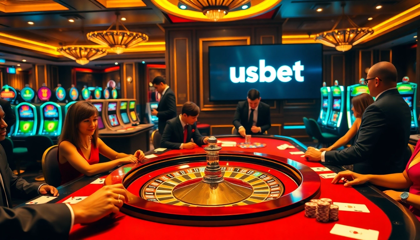 Experience the thrill of usbet as players engage in an elegant casino environment full of vibrant games.