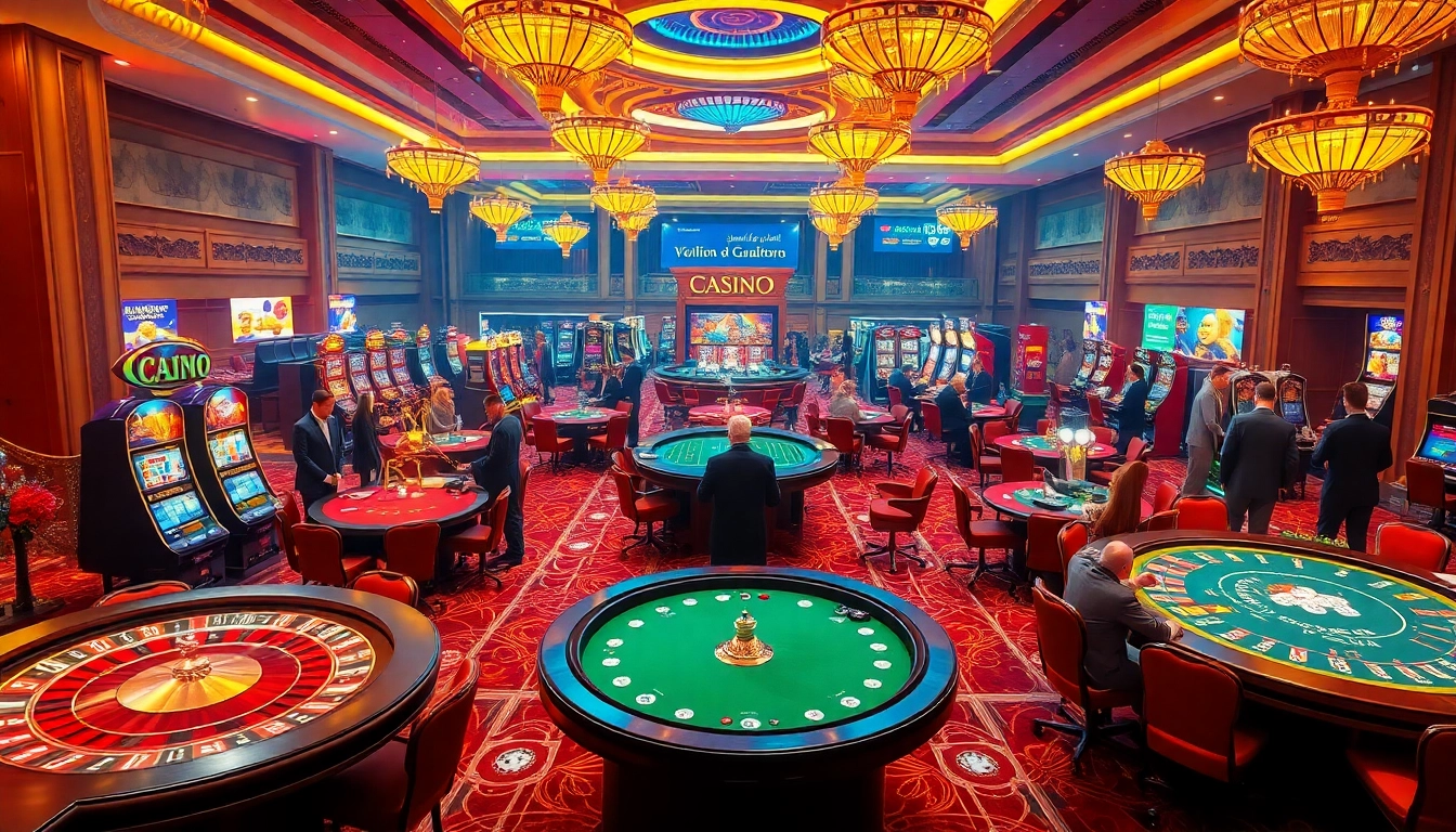 A lively casino scene featuring various gaming tables and slot machines showcasing excitement connected to https://impactxoft.com.