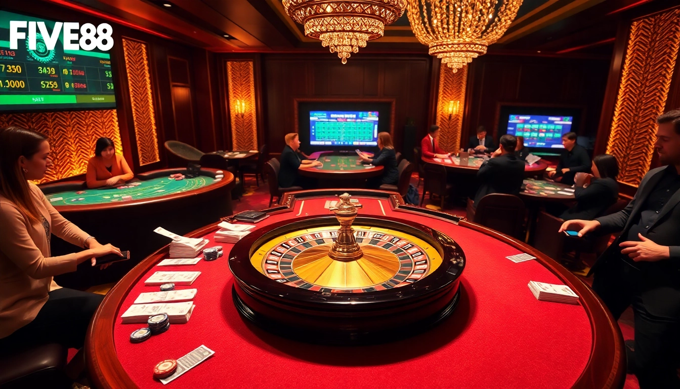 Engaging scene of players gaming at FIVE88 casino tables with vibrant chips and betting slips.