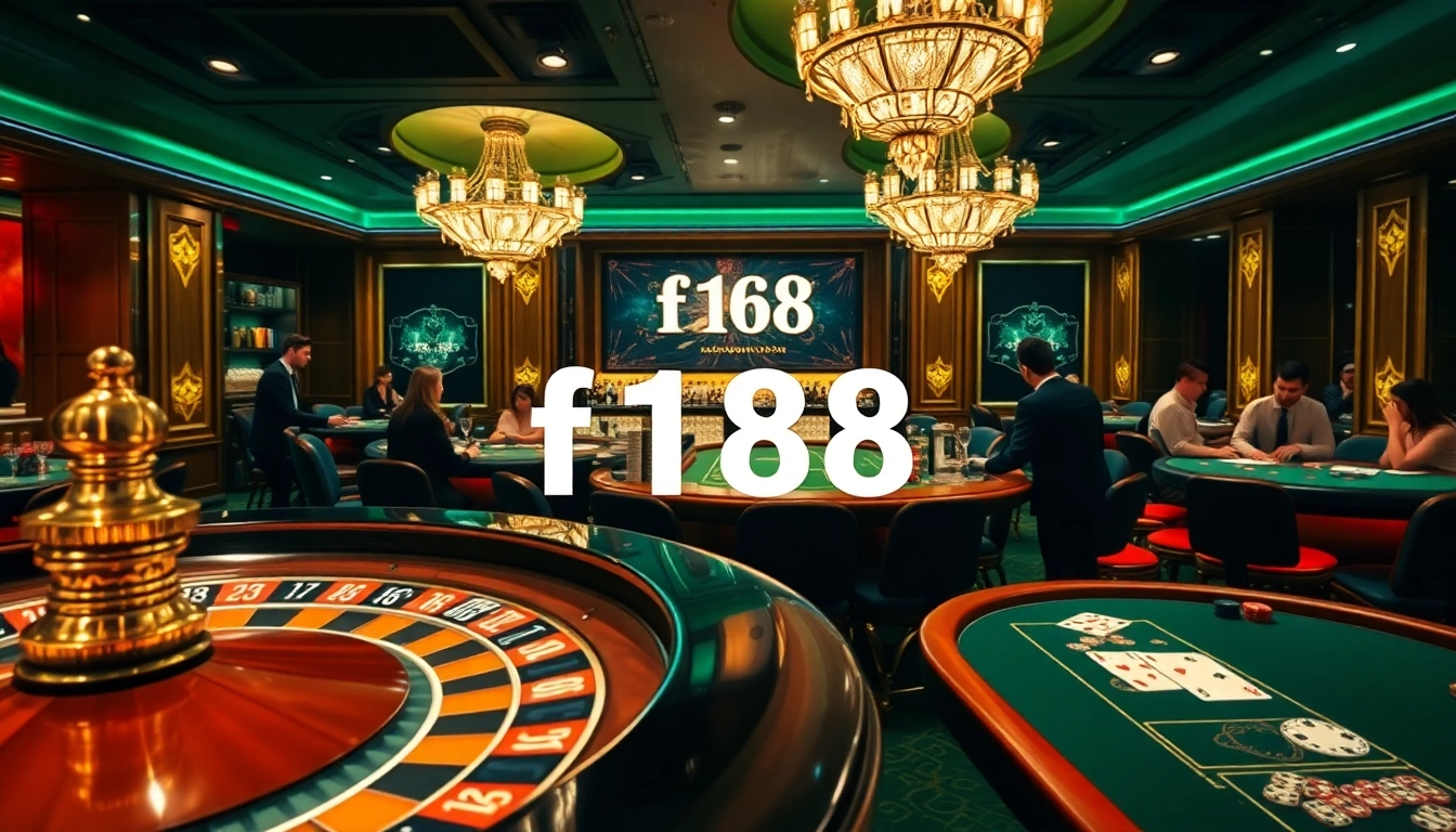 F168 casino scene with players enjoying high-stakes poker and vibrant roulette action.