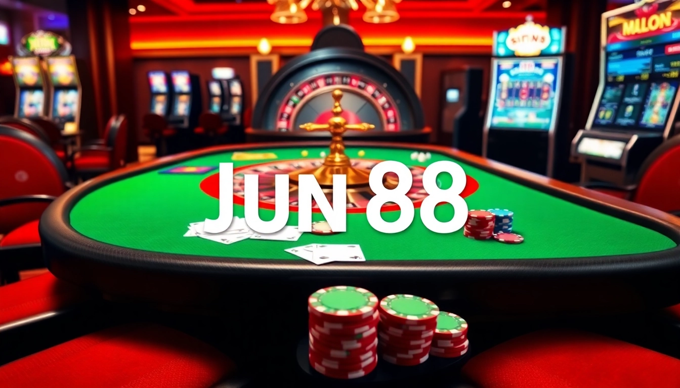 Exciting gambling scene showcasing Jun 88 online gaming, with casino tables and roulette wheels.
