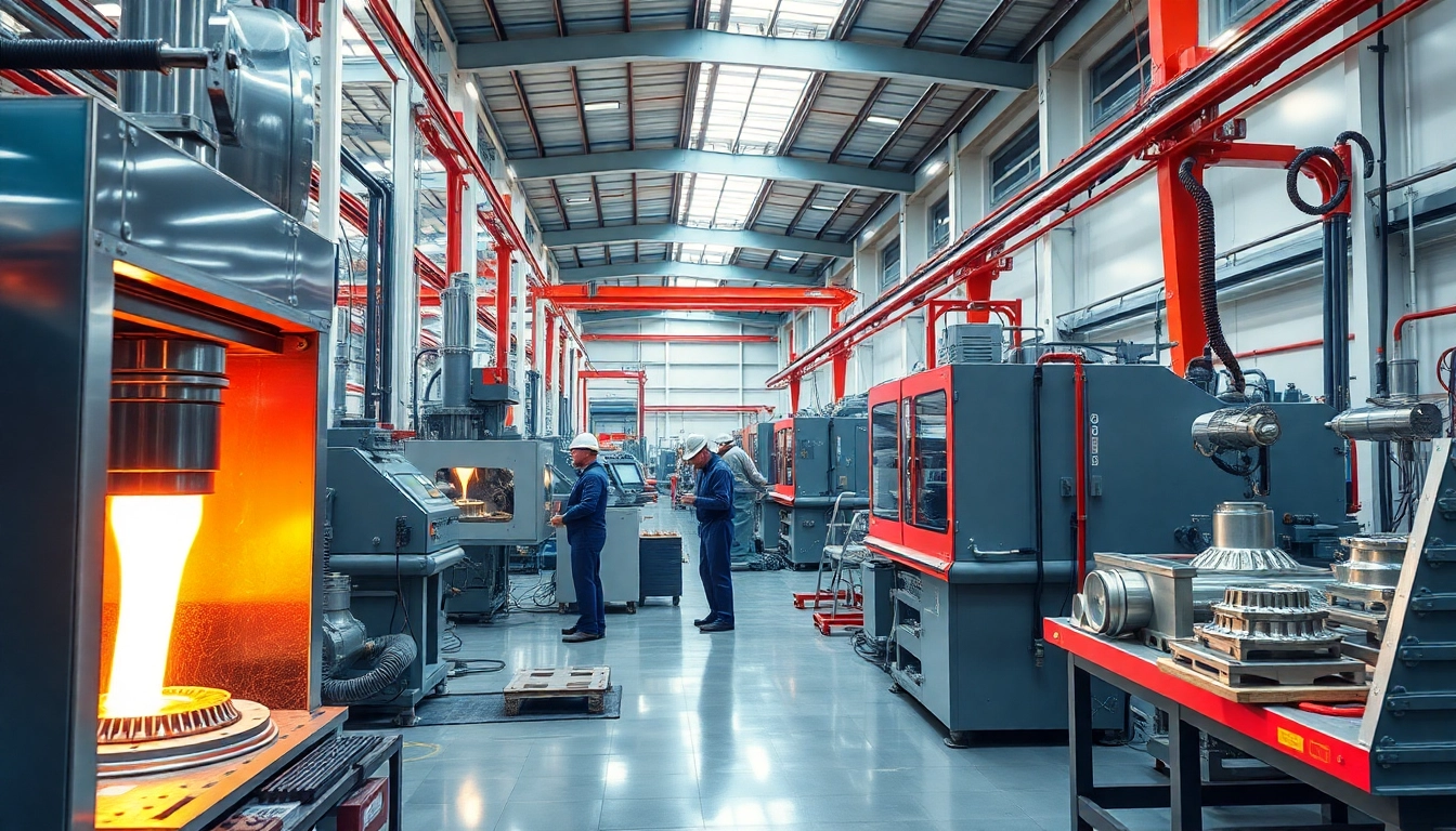 Dynamic view of a die casting company in Malaysia showcasing advanced machinery and skilled workers in action.