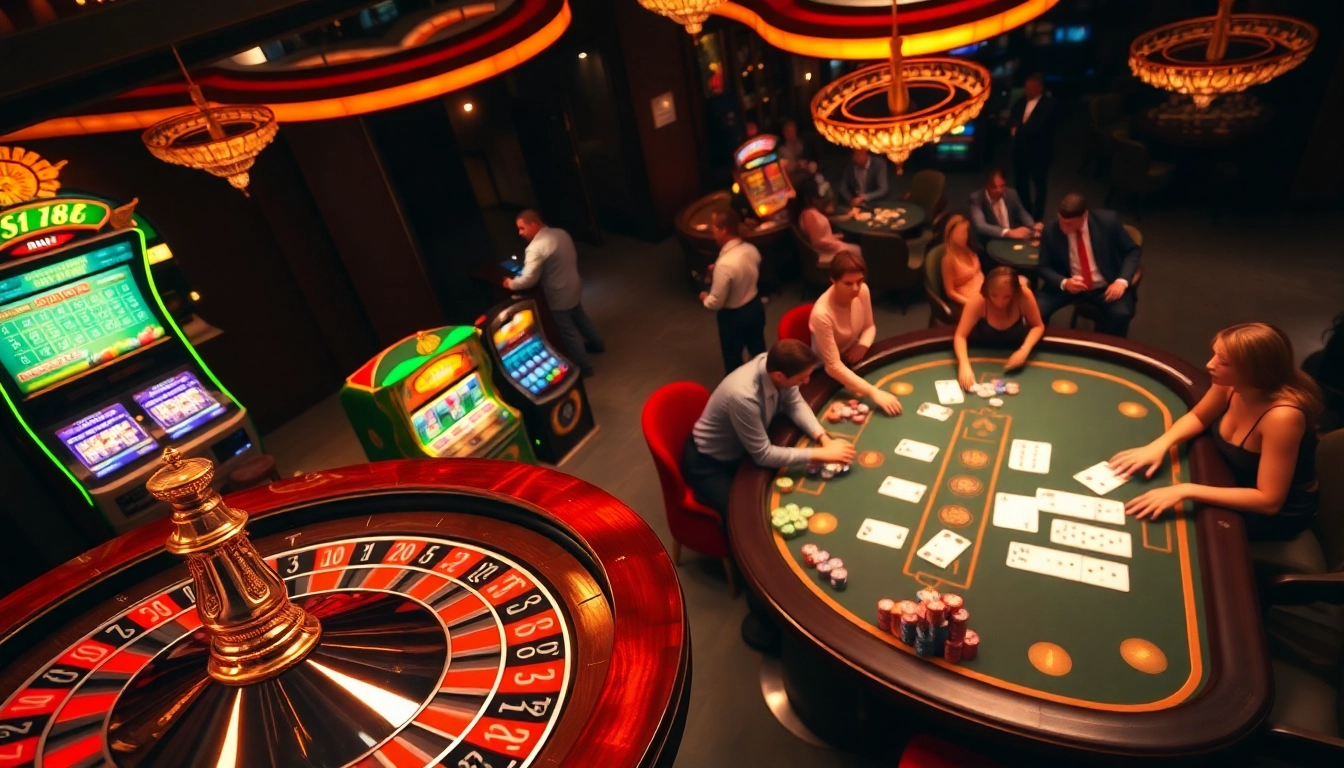 Engaging gambling scene featuring lucky88-themed slot machines and a vibrant roulette wheel.
