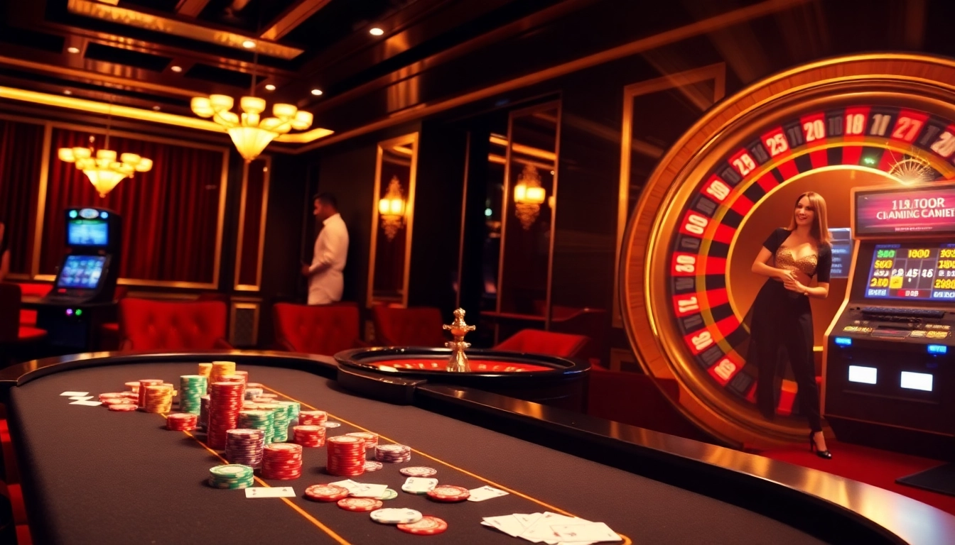 Experience the thrill of winning at https://topxx88.com/ with vibrant casino scenes featuring poker tables and roulette wheels.