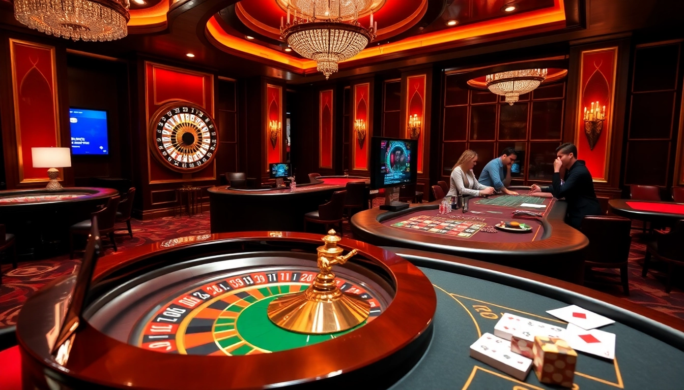 Experience the excitement of online gambling at https://11win68.com/ with a vibrant casino scene featuring tables, chips, and a roulette wheel.